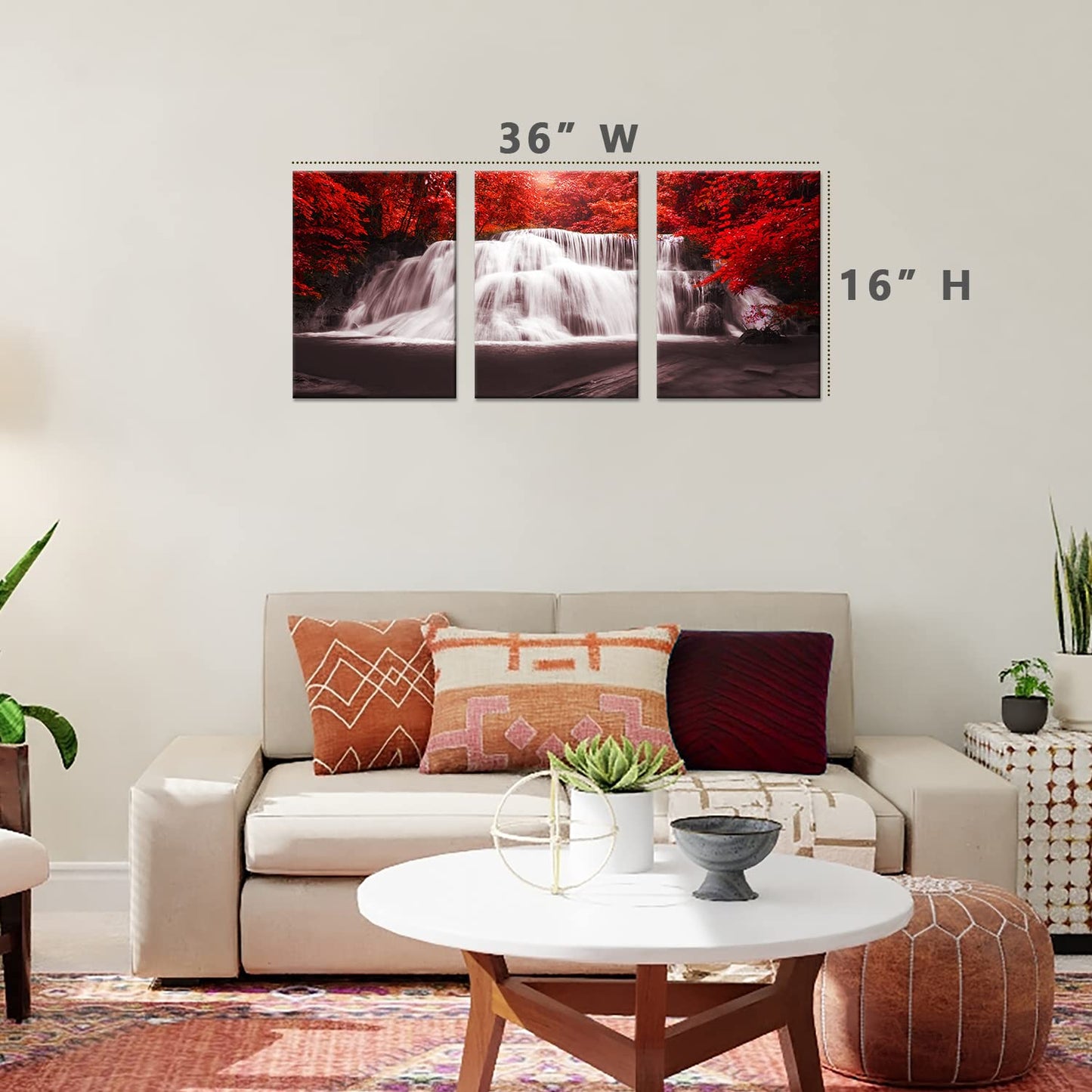 CERLMLAND Waterfall - Wall Art Painting Black White Red Landscape Canvas Wall Art 3 Pieces,Red Trees Forest Picture Prints for Home-office - canvas art wall art for living room 12x16inchx3pcs