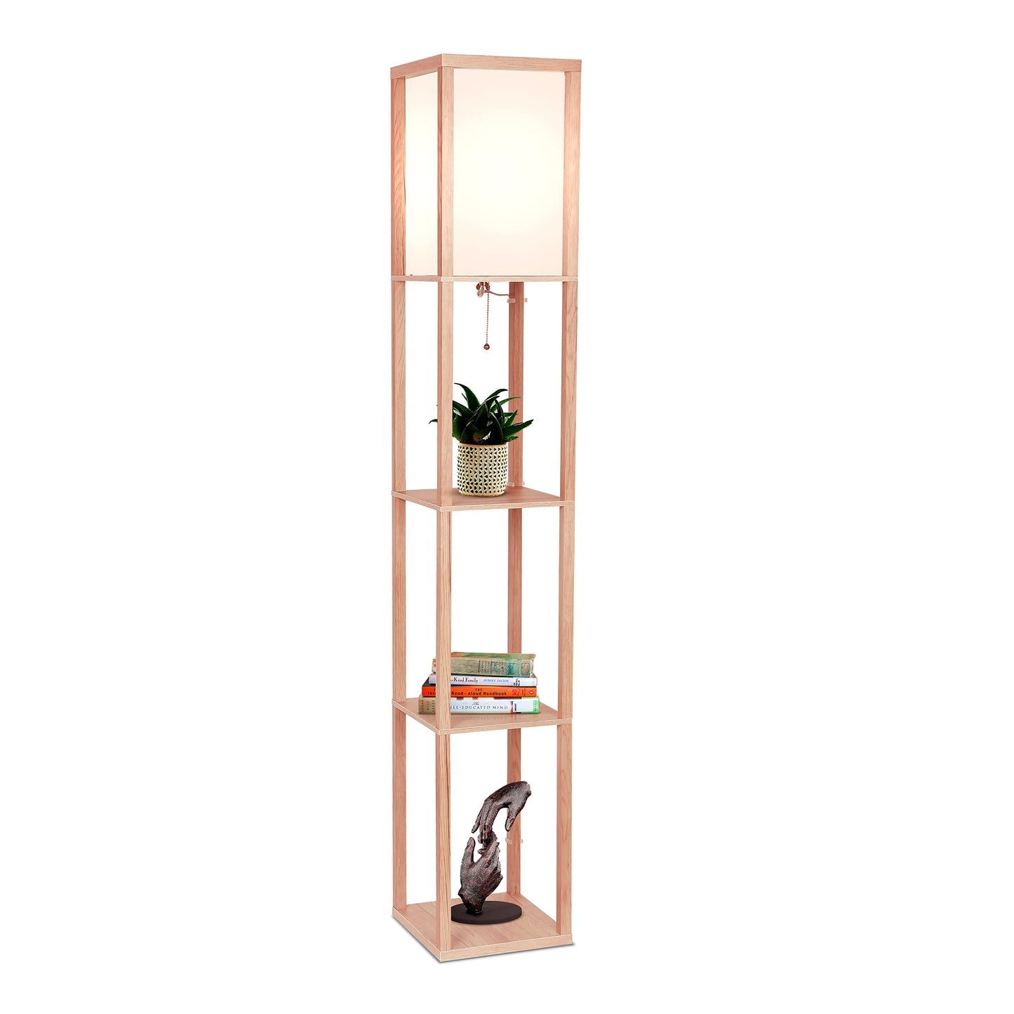 Brightech Maxwell - Modern Shelf Floor Lamp with Lamp Shade and LED Bulb - Corner Display Floor Lamps with Shelves for Living Room, Bedroom and Office - Natural Wood