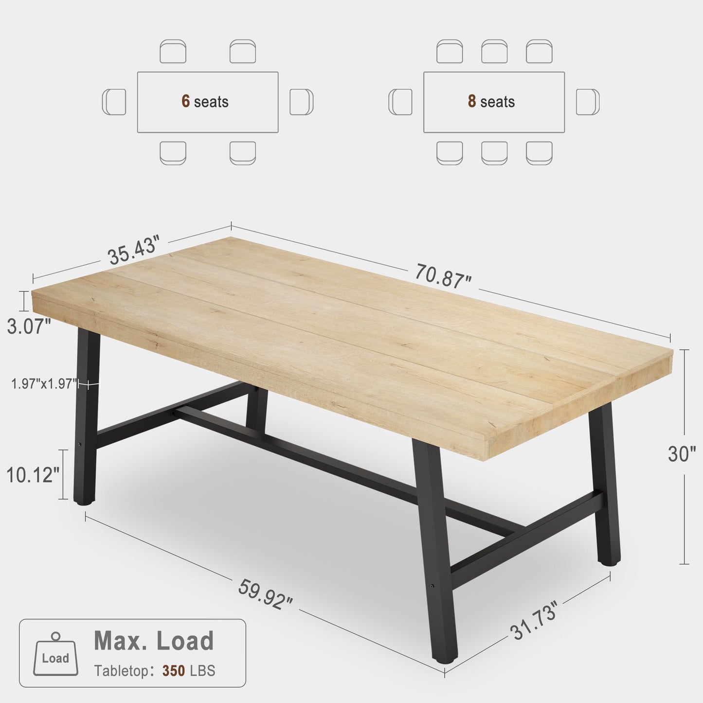 Industrial Dining Table for 6-8 People, 70.87" Long Wooden Kitchen Table with Sturdy Metal Frame & Rustic Brown Finish (Nature Wood, 70.87" Long)