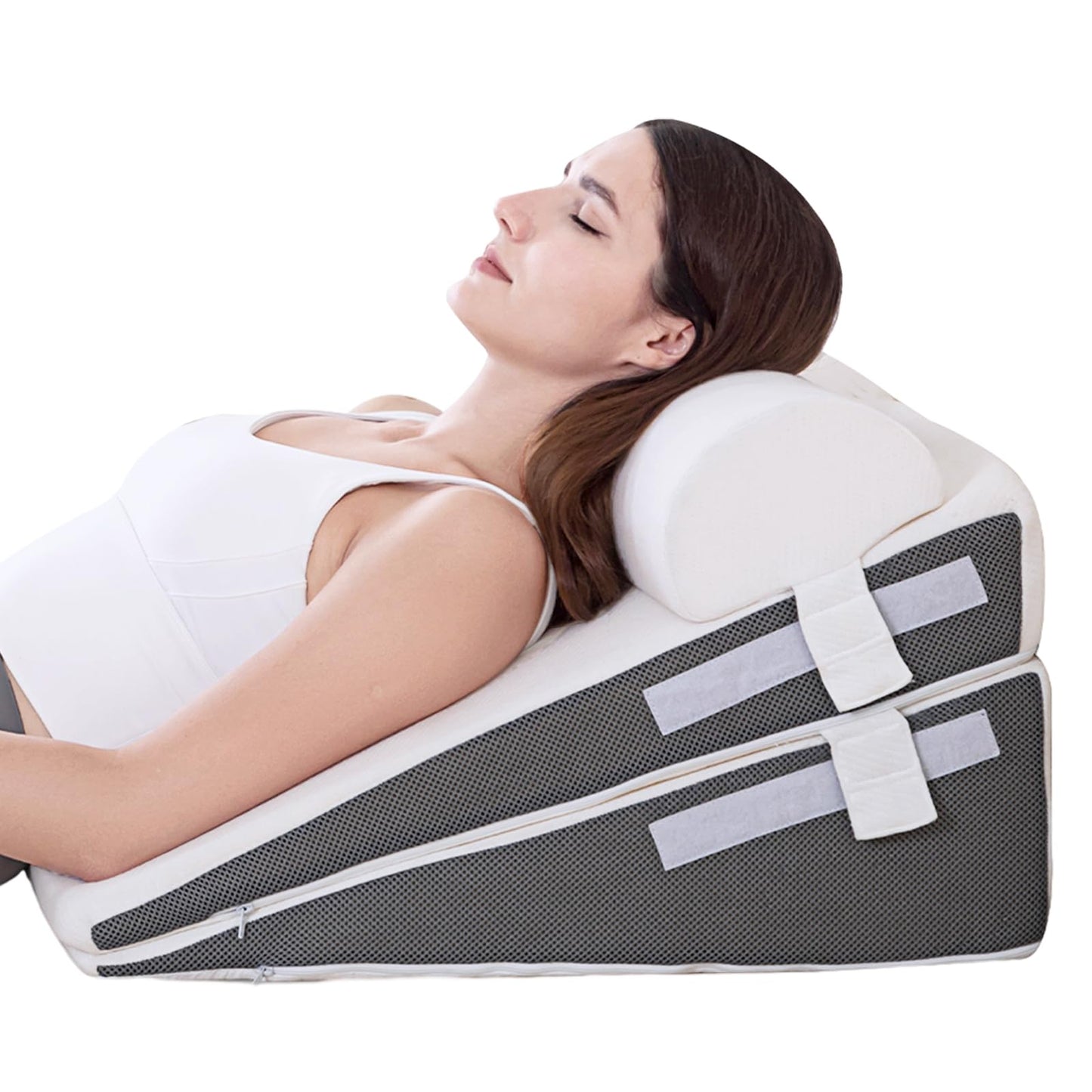 GOHOME Cooling Wedge Pillow Set for After Surgery, 3-Piece Adjustable Memory Foam Bed Wedge Pillow for Sleeping - Acid Reflux, Snoring, Neck Pain and Back Pain, White and Grey