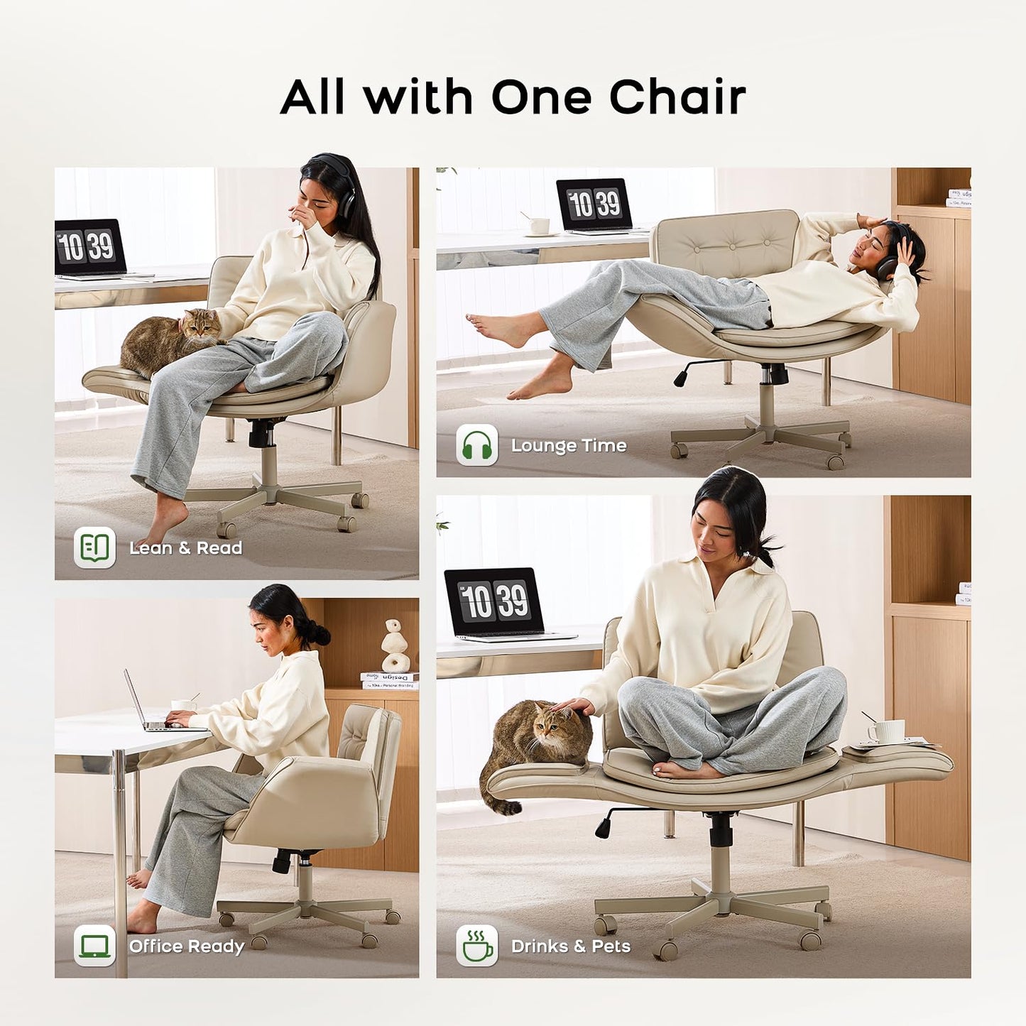 amseatec Criss Cross Chair with Armrests & Wheels, PU Leather Vanity Chair, Comfortable Adjustable Swivel Computer Office Desk Chairs for Home, Make Up, Bed Room (Cream White)