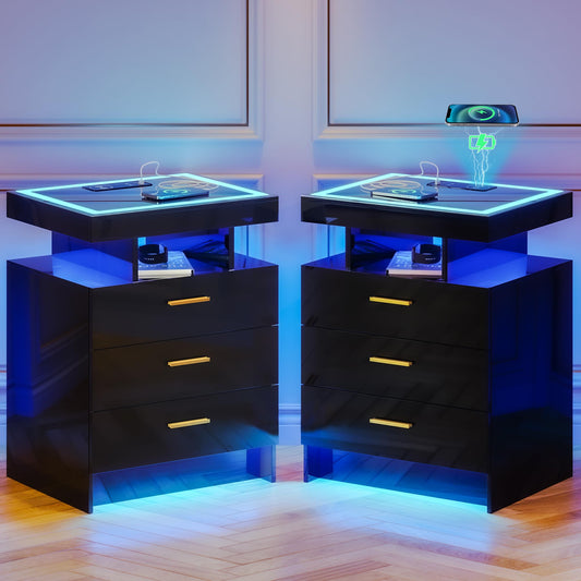 Lvifur 2 Set Nightstands with Wireless Charging Station, Auto Sensor 3 Color Dimmable LED Night Stand, Modern Bedside Table with 3 Drawers & 3 Open Compartments (2 x Black)