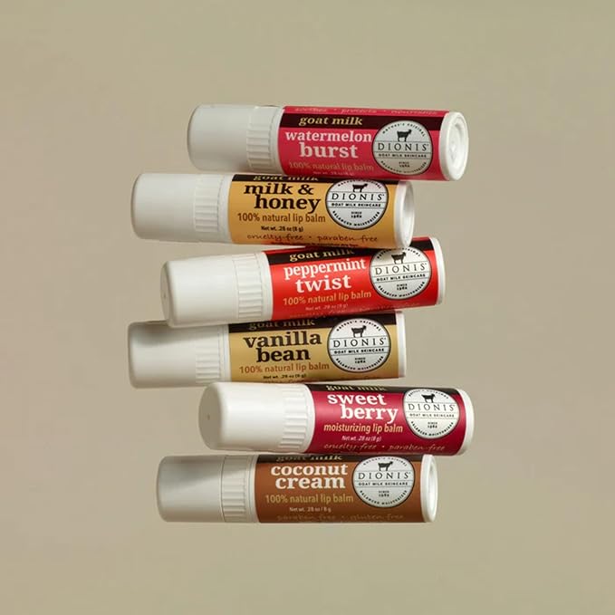 Dionis Goat Milk Skincare Lip Balm Set, Beeswax, Shea Butter & Coconut Oil Self Care Made in The USA, Cruelty Free, Paraben Free Hydrating Moisturizer for Dry Lips, Candy Box Assorted Scents, 0.28oz