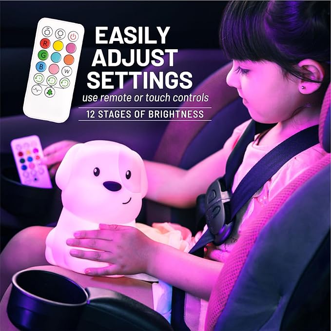 Lumipets Remote Control Silicone Night Light for Kids - Puppy Design with 9 Soft Colors & Sleep Timer - Rechargeable, Battery-Operated Lamp for Bedroom | Baby Nursery, Toddler, Girls, Boys