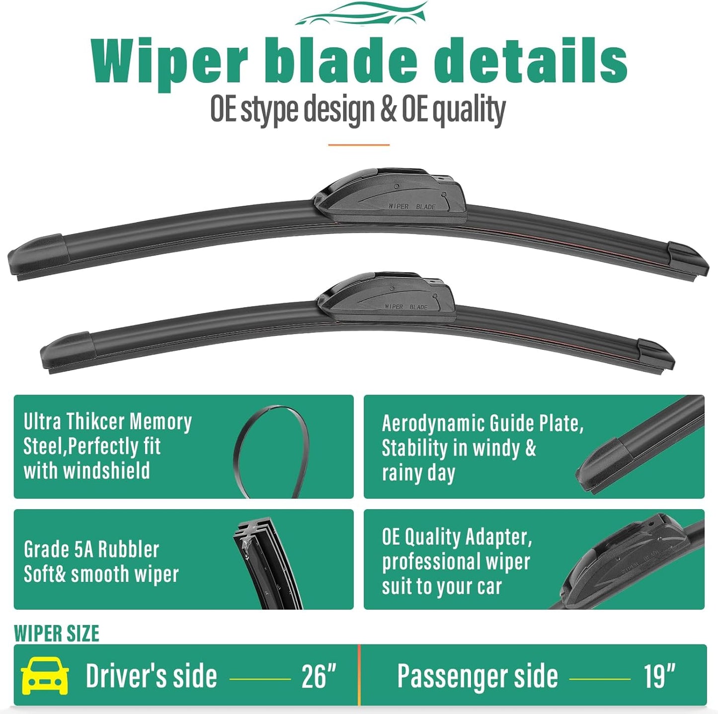 26" 19" 14" Windshield Wiper Blades Replacement for Subaru Outback Legacy 2010 2011 2012 2013 2014 / Nissan Murano 2003-2007 Premium All Weather Front Rear Wipers Set - OEM Quality (Pack of 3)