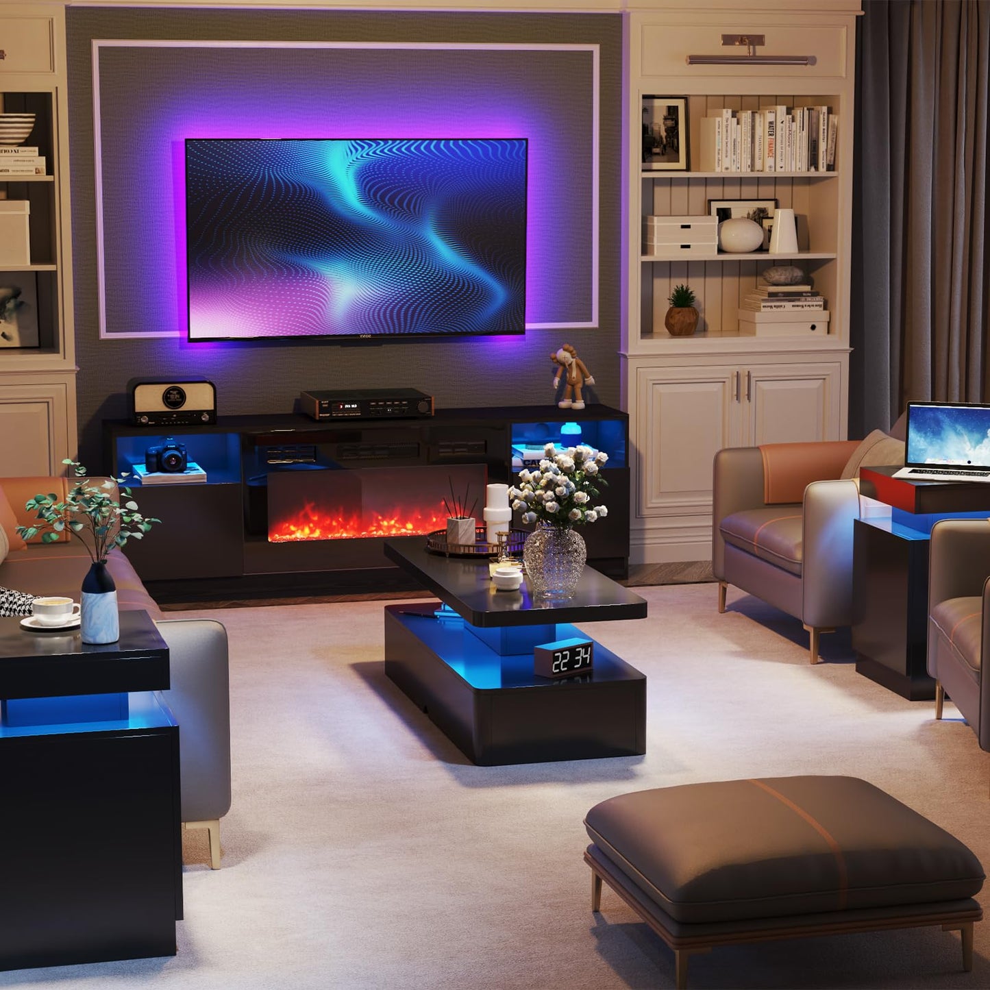 oneinmil Modern LED Coffee Table, 40 Inches Living Room Tables with 16 Colors LED Lights, Double-Layer Design, Stylish Coffee Tables for Living Room, Home, Office, Black