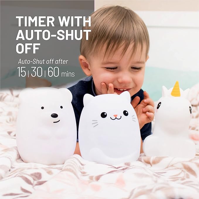 Lumipets Remote Control Silicone Night Light for Kids - Bear Design with 9 Soft Colors & Sleep Timer - Rechargeable, Battery-Operated Lamp for Bedroom | Baby Nursery, Toddler, Girls, Boys