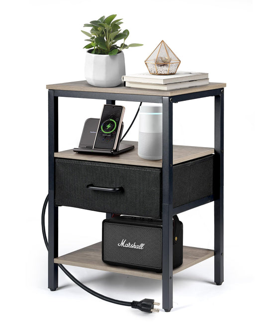 Upolana Nightstand with Charging Station, Bed Side Table with Fabric Drawer, 3-Tier Storage Dorm Night Stand for Bedroom, 2 USB & 2 Outlets End Table, Greige and Black