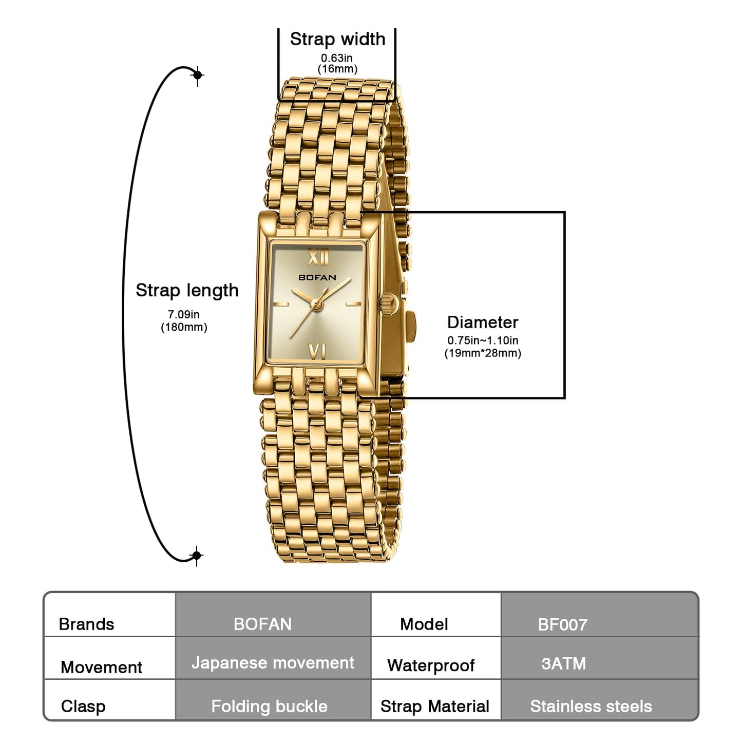 BOFAN Gold Watches for Women Luxury Ladies Quartz Wrist Watch with Stainless Steel Bracelet,Waterproof,Casual Fashion Square Dial.Band Adjustment Tool Included