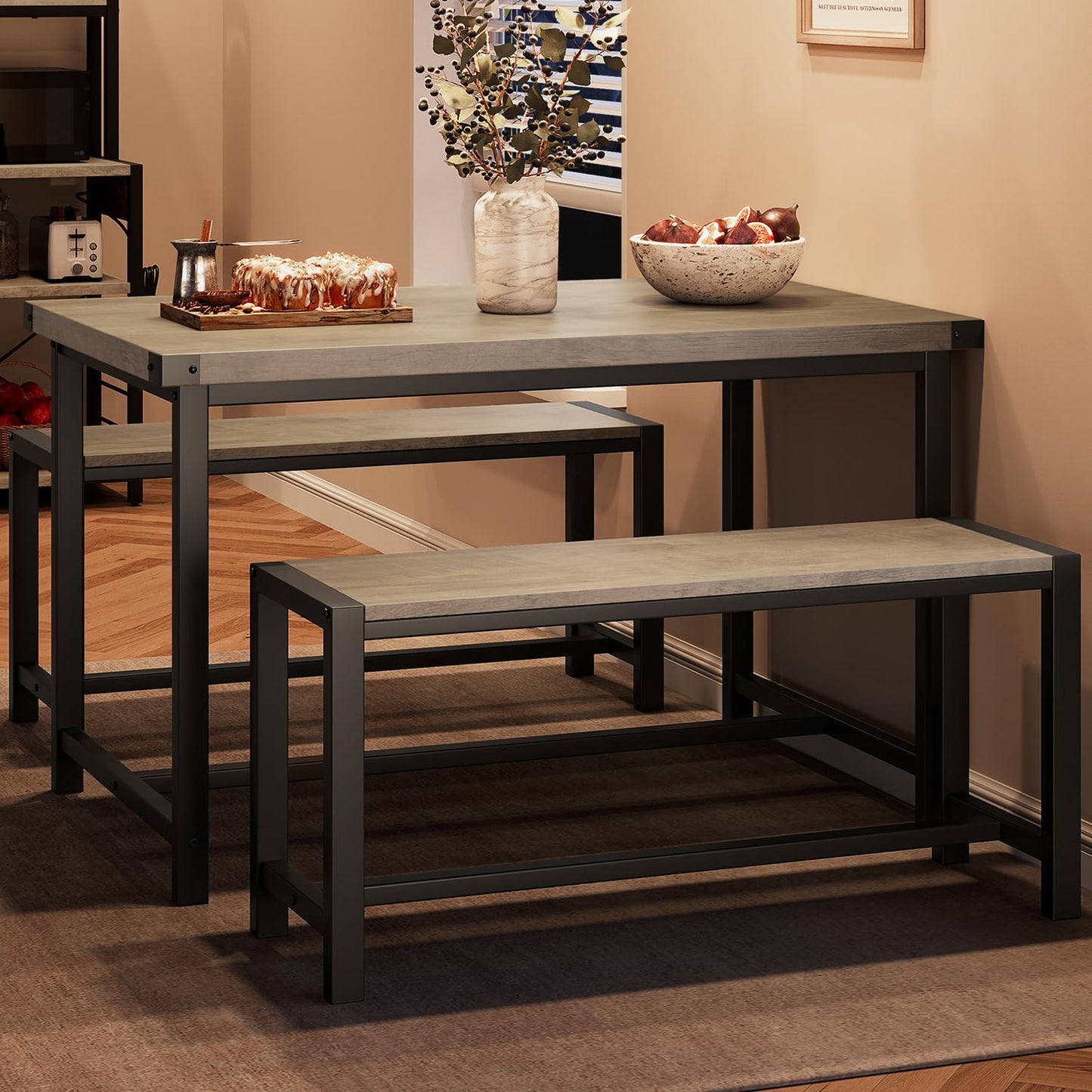 CABIHOME Dining Table and 2 Benches with Corner Protector, Dining Table Set for 4 with 2 Benches, Kitchen Table Set for 4-6 with H-Shaped Frame for Small Space, Kitchen, Apartment, Rustic Gray