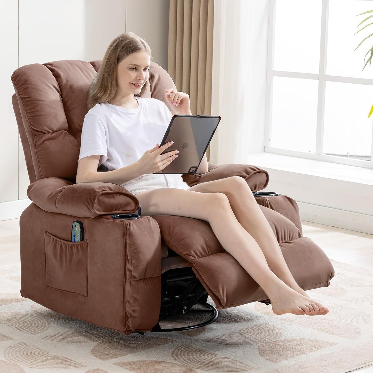 COMHOMA Recliner Chair, Swivel Rocker Recliner with Cup Holders, Heat and Massage, Fabric Recliners Sofa for Living Room (Brown)