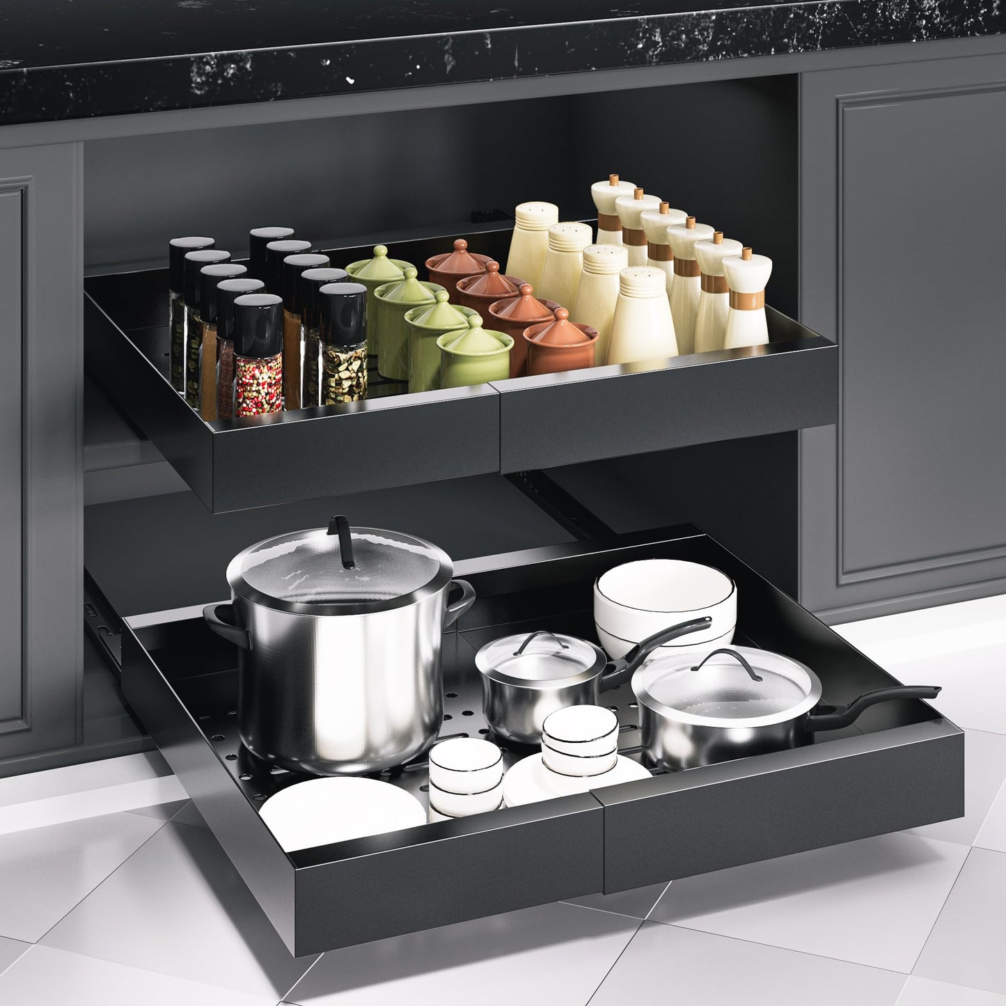 ZGO Pull Out Cabinet Organizer, Expandable(11.5"-19.6") Drawer Organizer, Pot and Pan Organizer for Under Cabinet, Pantry Kitchen Organizers and Storage Pan Organizer Storage Drawers(Black, 1PC)
