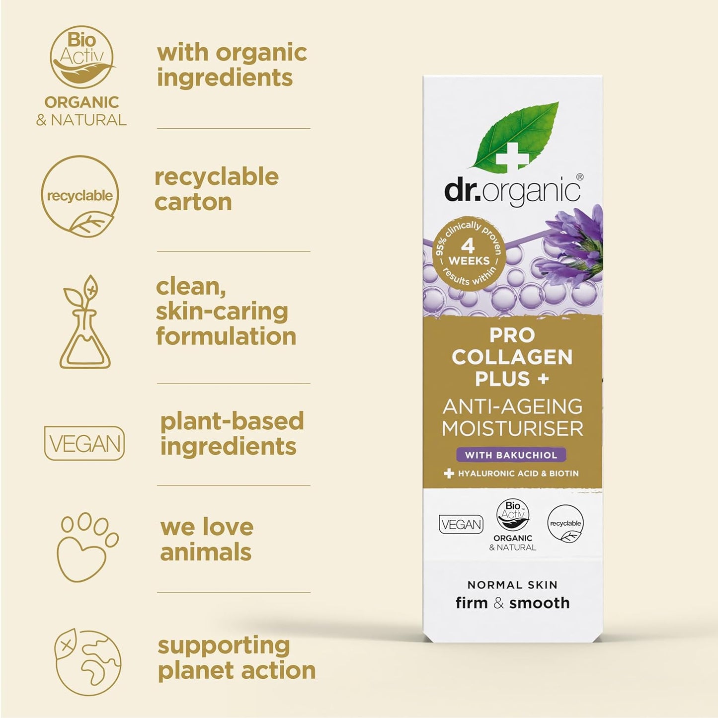Dr. Organic Pro Collagen Plus + Anti-Ageing Moisturiser with Bakuchiol | Firm & Smooth Skin, Reduces Wrinkles, (Normal Skin) Natural, Certified Organic, Paraben & SLS-Free, 50 mL / 1.7 fl oz