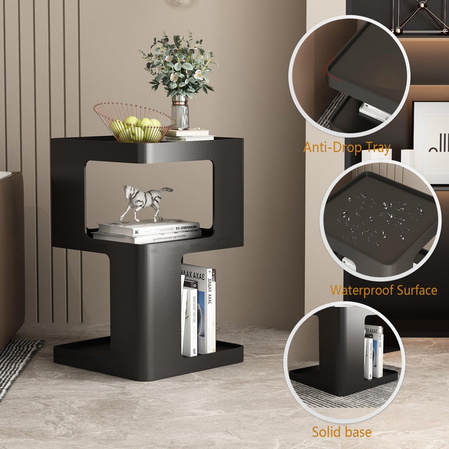 Black Side Table, Modern Nightstand Metal End Table for Living Room Bedroom,Square Bedside Table-3 Tier Storage,Not Assemble Required