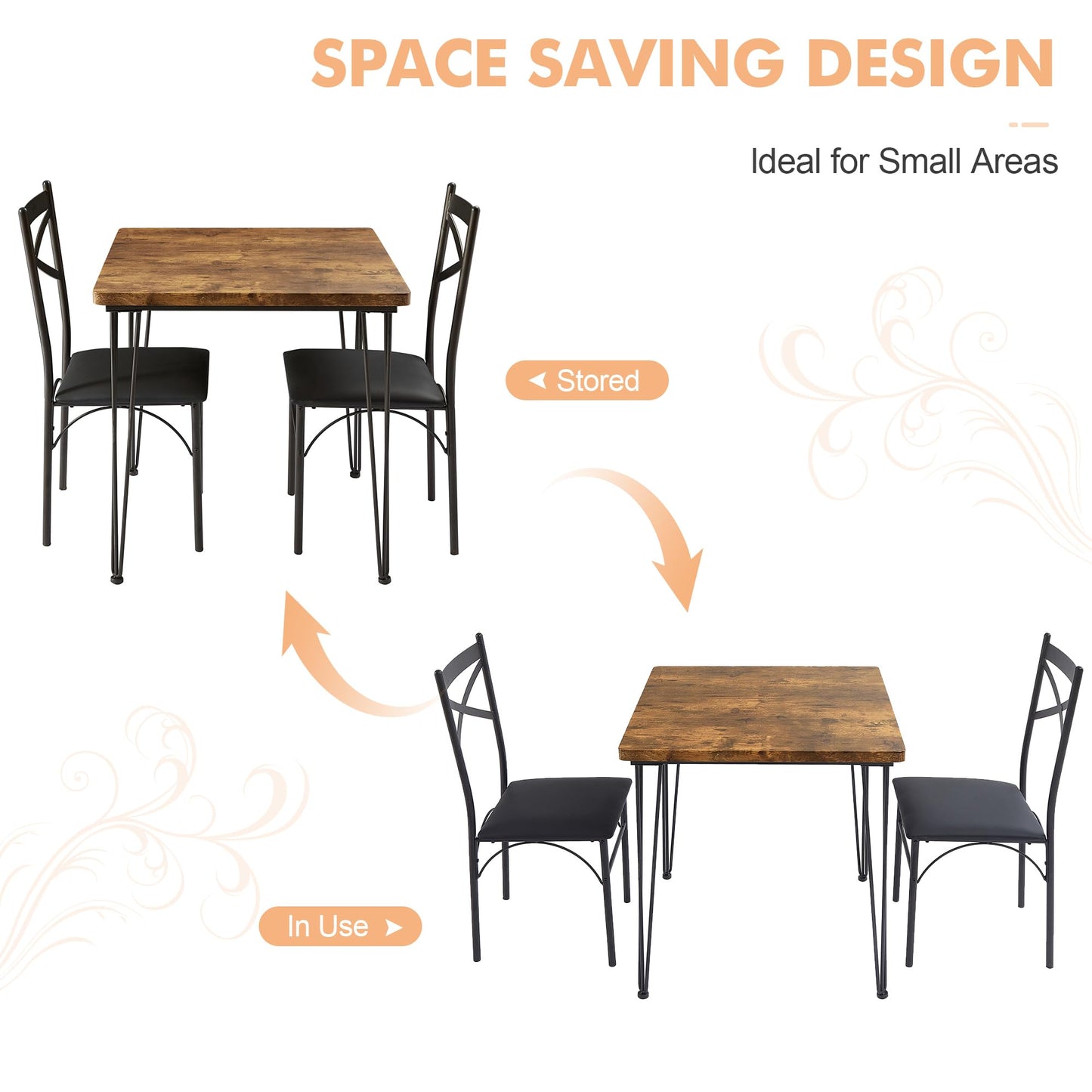 VECELO Kitchen Dining Room Table Set with 2 Chairs for Small Space, Apartment,Metal Steel Frame