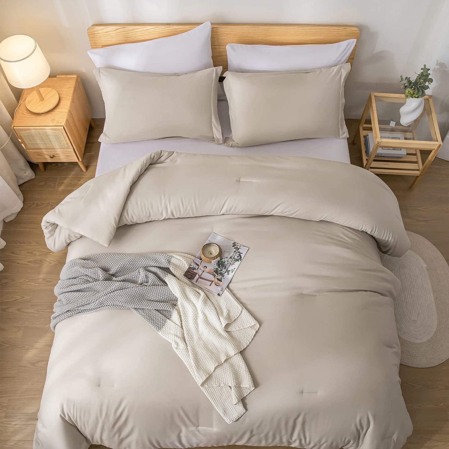 weigelia Queen Comforter Set 7 Pieces Oatmeal Comforters Queen Size Soft Fluffy Bedding Comforter Set with Fitted Sheets, Flat Sheets, Pillow Shams, and Pillowcases