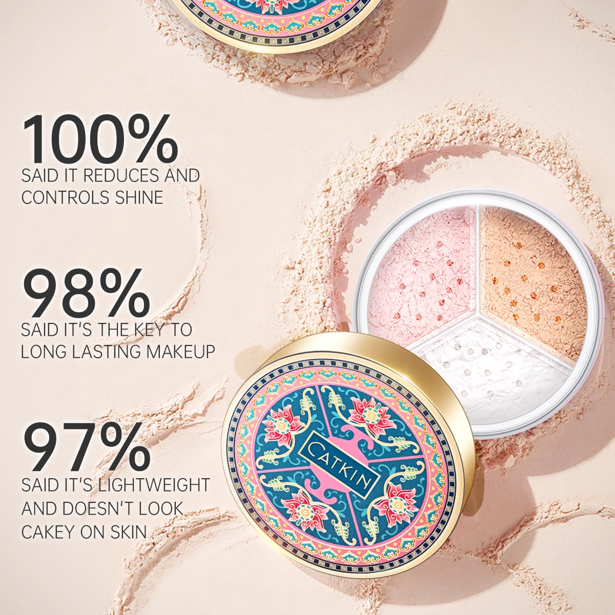 CATKIN Loose Setting Powder - Translucent Shimmer Finishing Powder, 3 Colors Even Skin Tone, Oil Control Makeup Pore Minimizing Powder with Velour Puff (0.42oz, C01 Shimmer for Oily Skin)