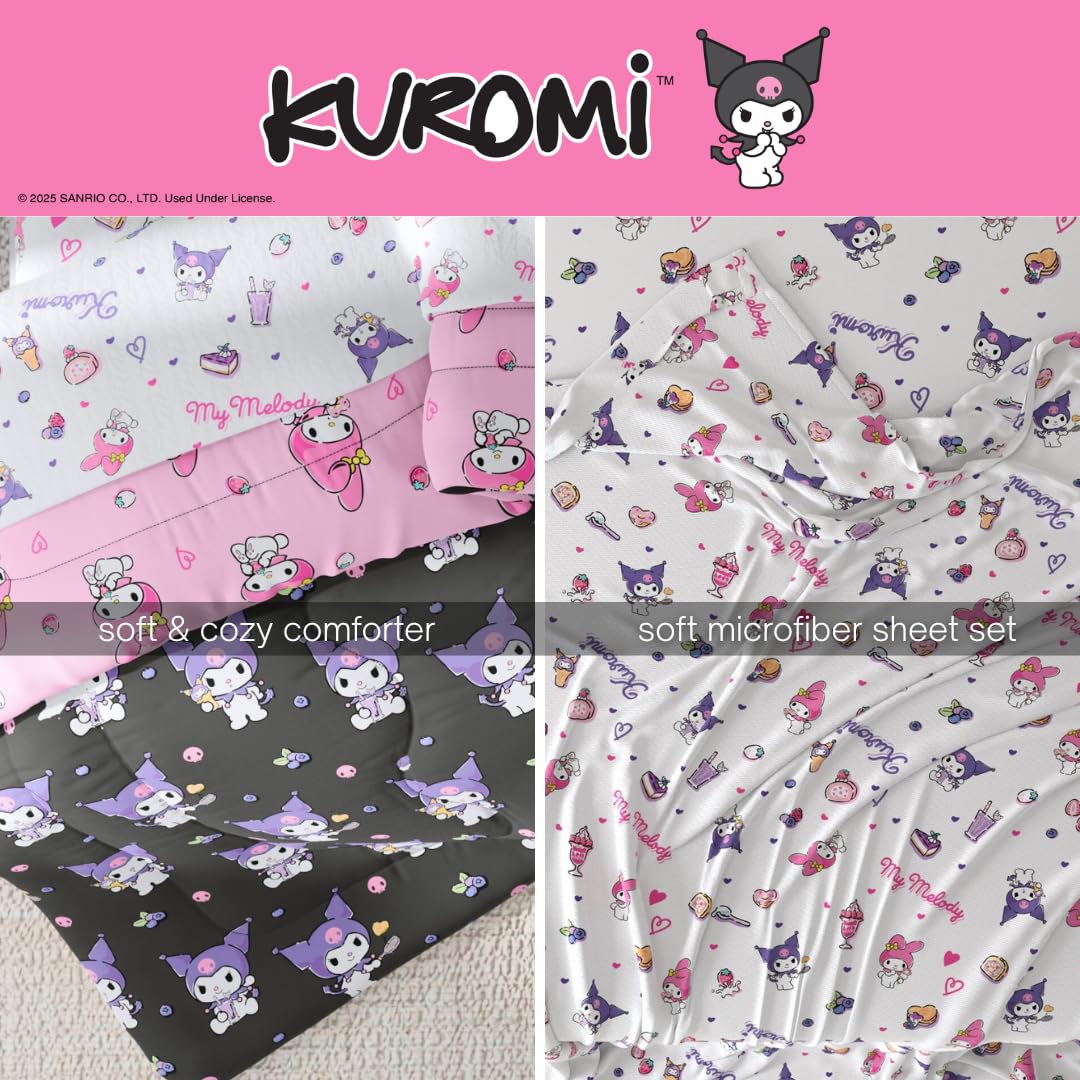 Franco Sanrio Kuromi & My Melody Bedding 5 Piece Super Soft Cozy Reversible Comforter and Sheet Set with Sham, Twin, (Officially Licensed Product)