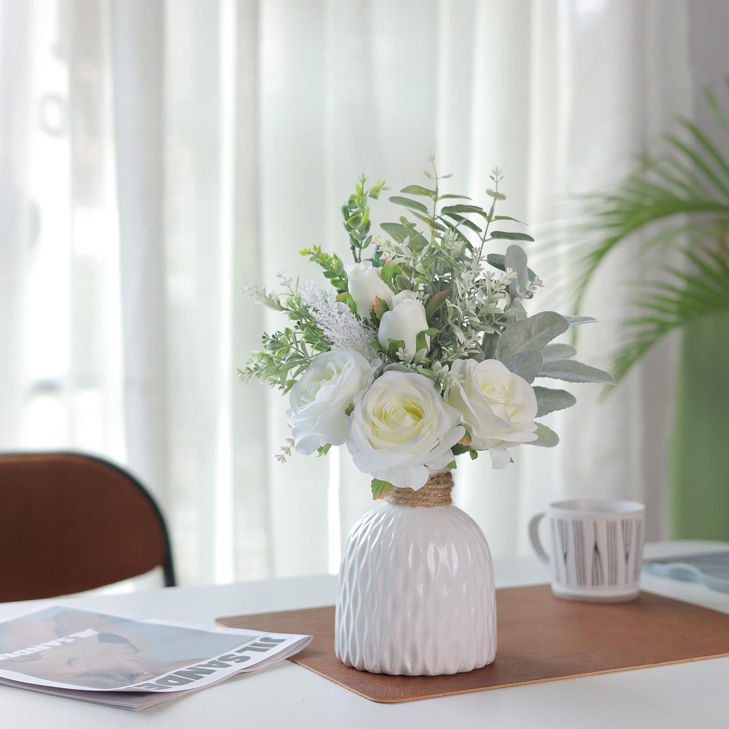FOTEEWL Artificial Flowers with Ceramic Vase,Faux Silk Roses and Fake Plant Eucalyptus in Vase for Centerpiece Table Decorations, Living Room,Dining Table,Fireplace,Office,Farmhouse,Home Decor(White)