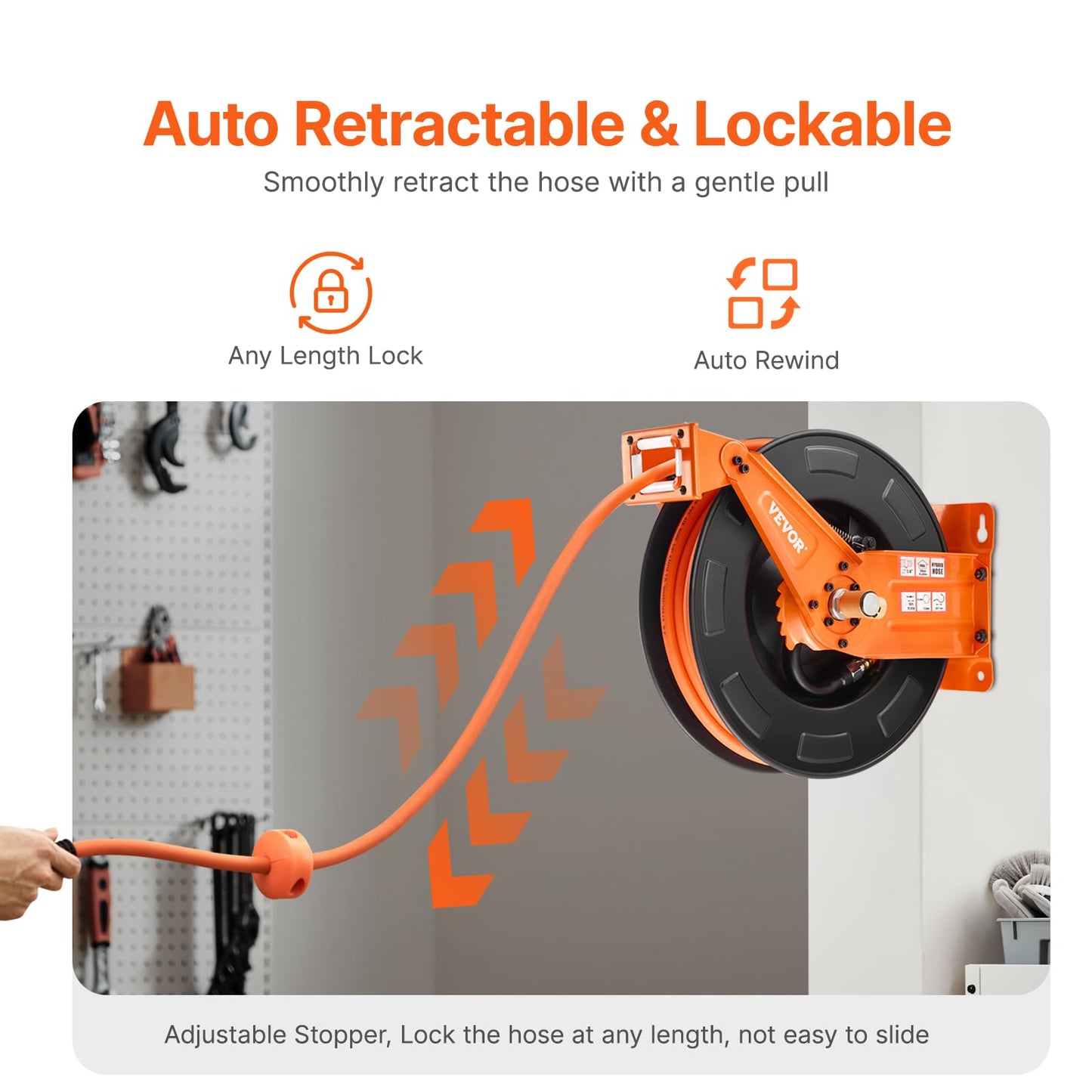 VEVOR Retractable Air Hose Reel with Double Arms, 3/8 IN x 65FT Hybrid Air Hose Max 300PSI, Air Compressor Hose Reel with 5FT Lead in, Ceiling/Wall Mount Heavy Duty Steel Reel for Workshop Garage