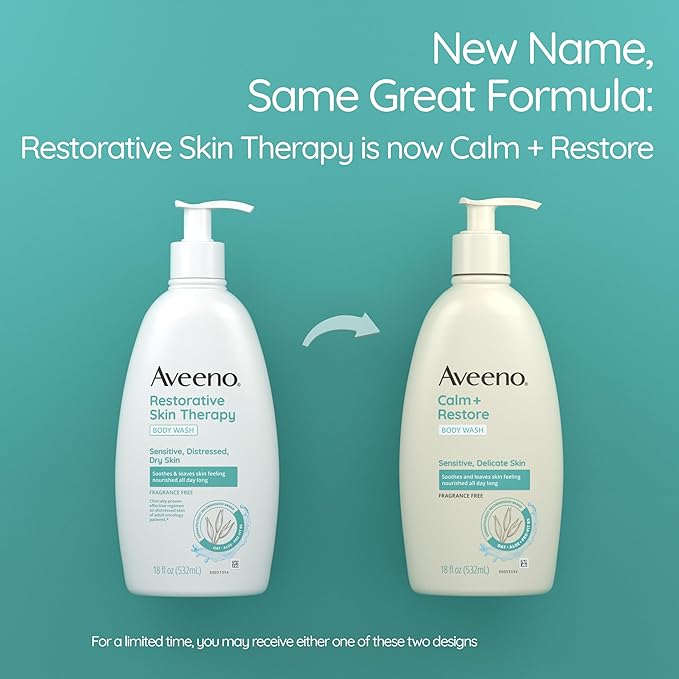 Aveeno Calm + Restore Daily Body Wash for Sensitive, Delicate Skin, Gentle Cleanser with Oat, Aloe & Pro-Vitamin B5 Soothes & Leaves Skin Feeling Nourished, Fragrance Free, 18 fl. oz