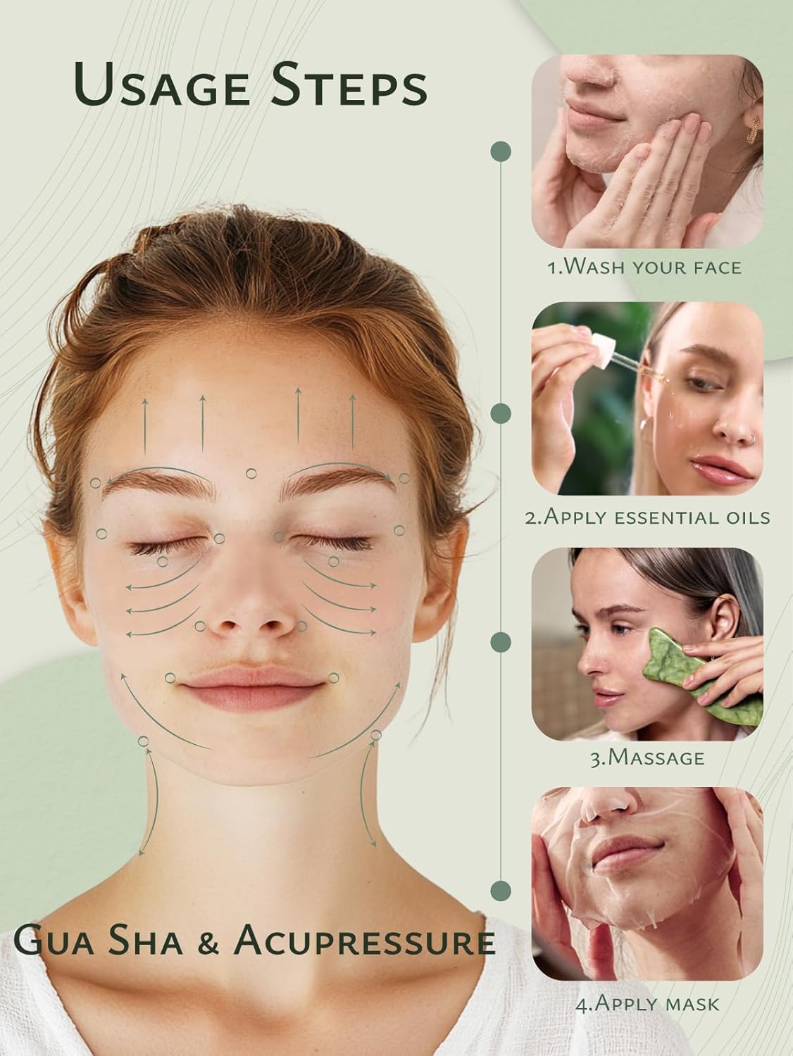 Rena Chris Natural Jade Gua Sha Facial Tools - Acupressure & Gua Sha for Face Massage, Jawline Sculpting, Puffiness Reduction, Guasha Skin Care Tool with Carry Pouch and Cleaning Cloth