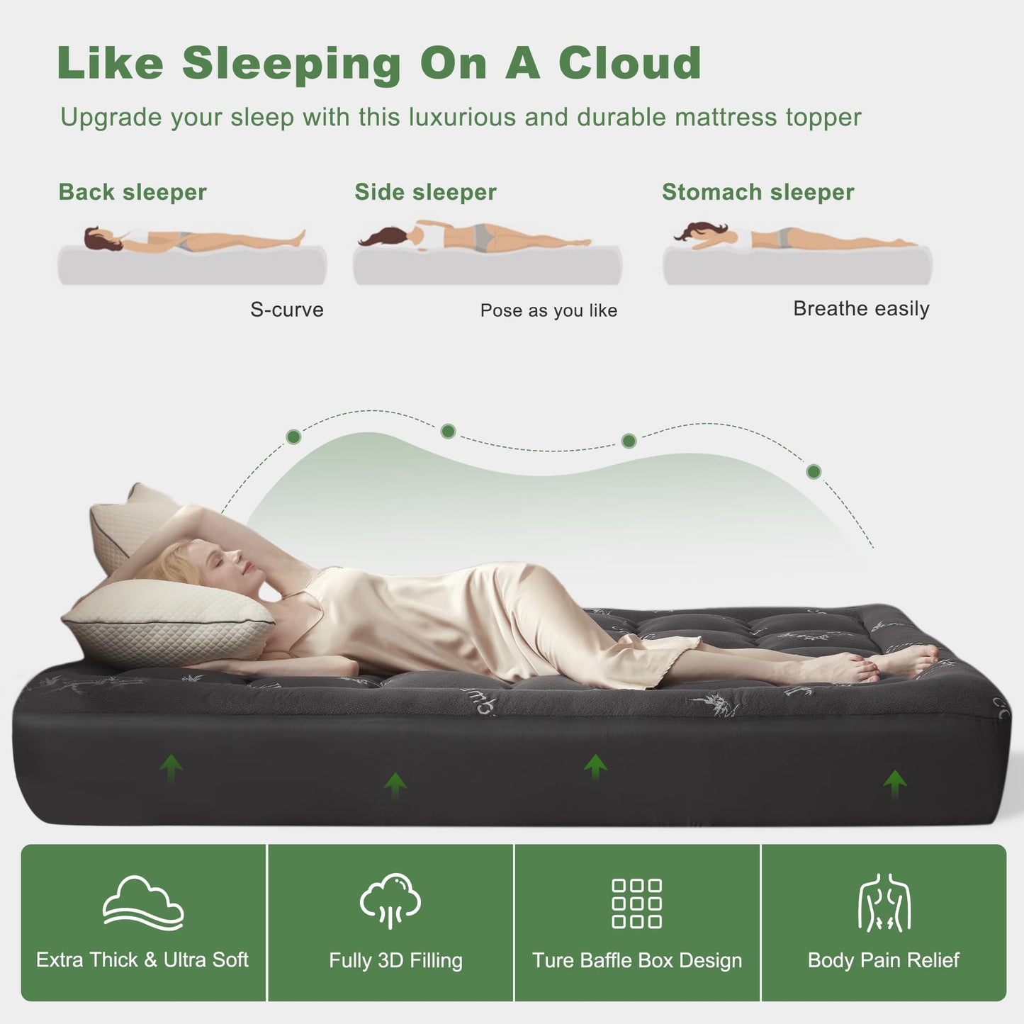 BEDLORE Queen Mattress Topper Viscose Derived from Bamboo, Thick Pillow Top Mattress Pad with Stretchable Pockets for 6-18 inches Mattress, Soft Mattress Topper for Back Pain Relief(Dark Gray)