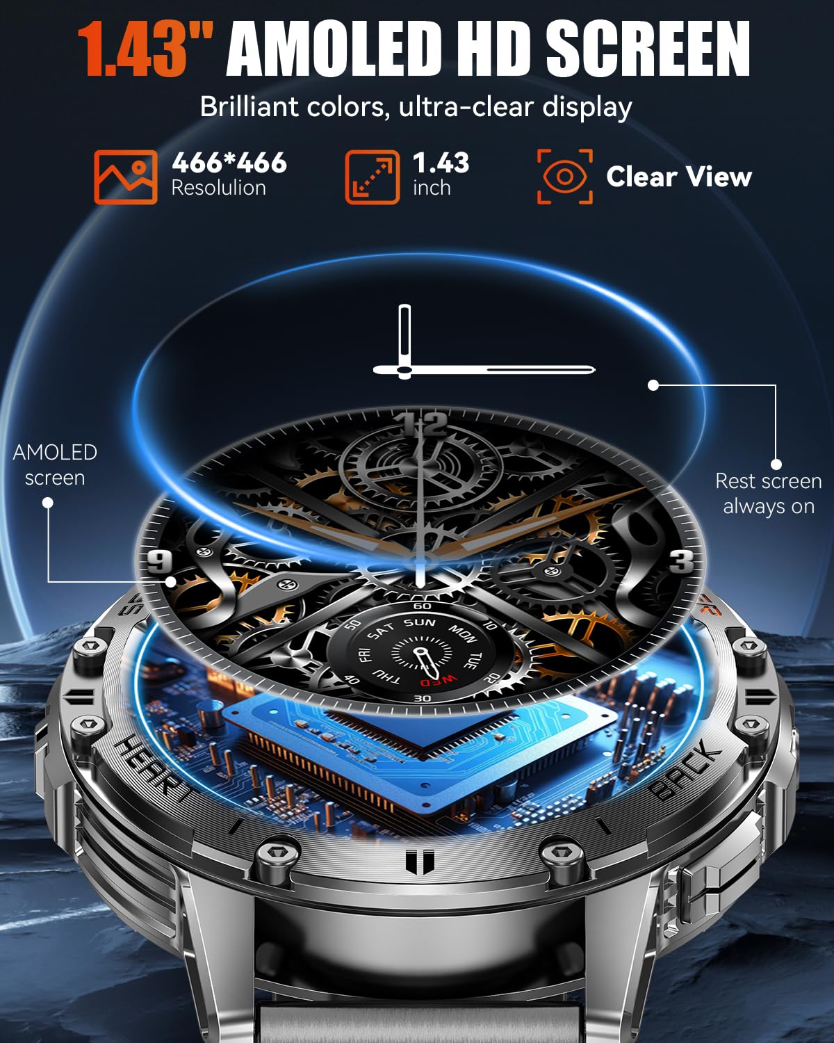 PODOEIL Military Smart Watches for Men with Bluetooth Call, 1.43" AMOLED Waterproof Smartwatch with Flashlight, 111 Sport Modes, 530mAh Heart Rate/SpO2/Sleep Monitor Fitness Tracker for Android iOS