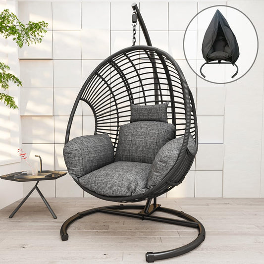 Hanging Egg Chair with Stand - Egg Swing Chair Outdoor Indoor Patio Wicker Chair Swing Hammock Egg Chairs 400lbs Capacity for Outside Patio, Bedroom, Garden and Balcony（Black）