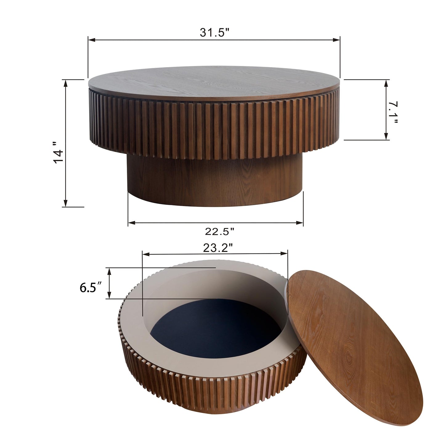 KIGFTSOD 31.5" Round Coffee Table with Hidden Storage, Solid Wood Drum Coffee Table Tea Table for Living Room, Bedroom, Apartment or Office, Walnut