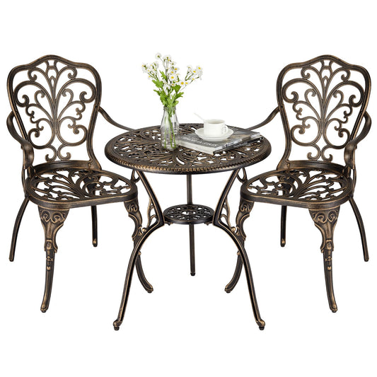 ELETHEBIA 3 Piece Bistro Set, Outdoor Bistro Table and Chairs Set of 2, Rust-Resistant Cast Aluminum All Weather Patio Outdoor Bistro Set with Umbrella Hole for Backyard, Balcony, Front Porch, Brown