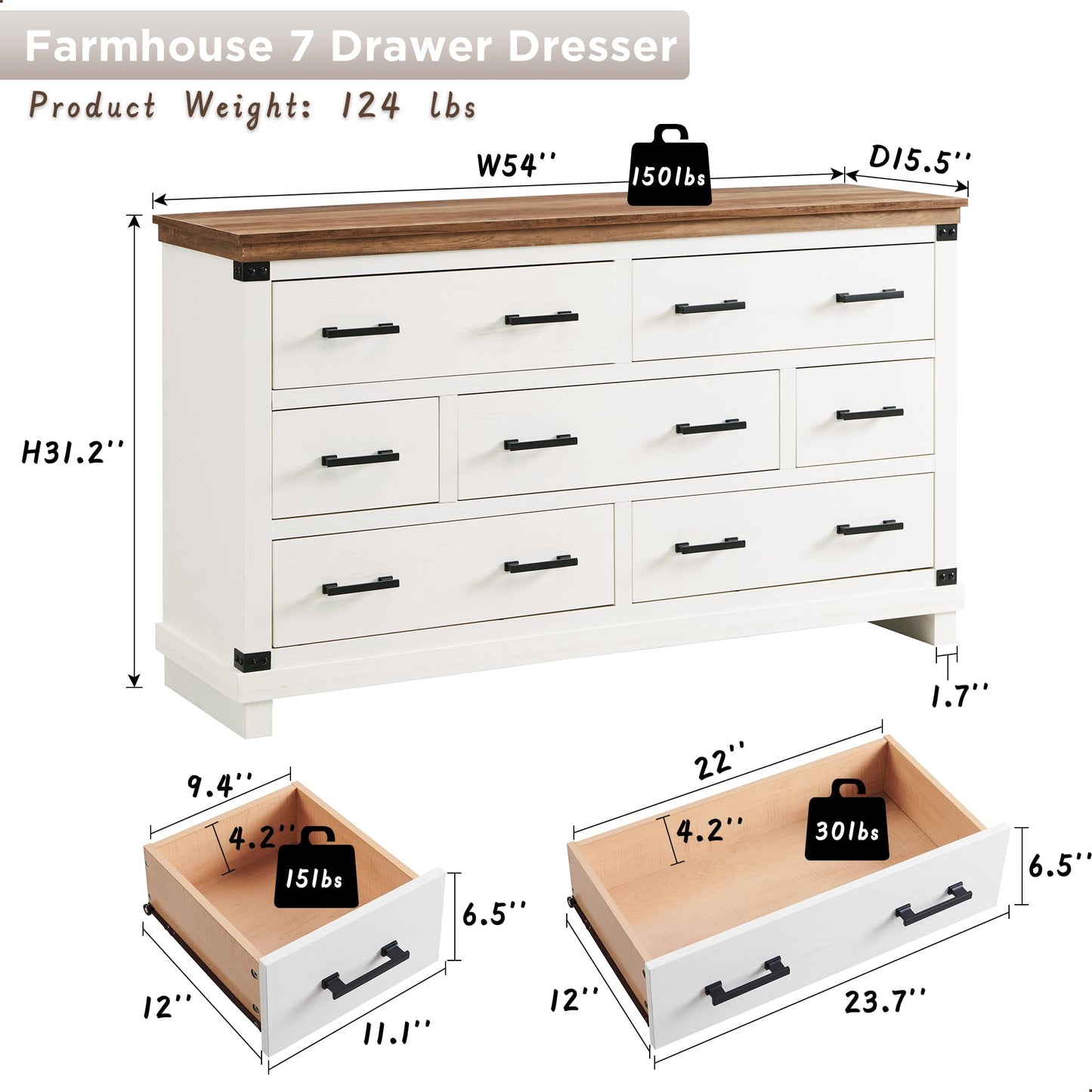 T4TREAM Farmhouse 7 Drawers Dresser for Bedroom, 54" Wide Wood Chest of Drawers w/Natural Texture & Metal Handle, Rustic Storage Dressers Organizer for Living Room, Hallway, Antique White