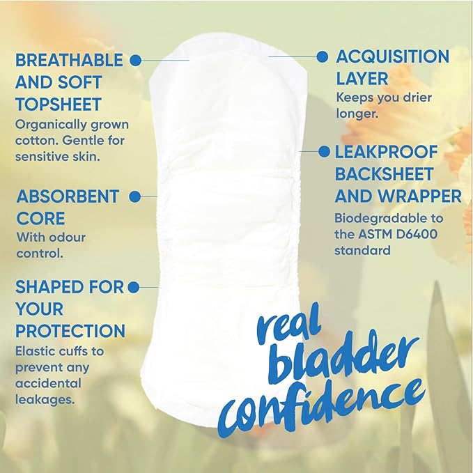 Oi | Organic Initiative Incontinence Pads, Organic Cotton Topsheet, Odor Control, Breathable and Hypoallergenic, Absorbs up to 17 floz, Suitable for Postpartum, Extra Plus/Maximum (14.2") 22 Pads