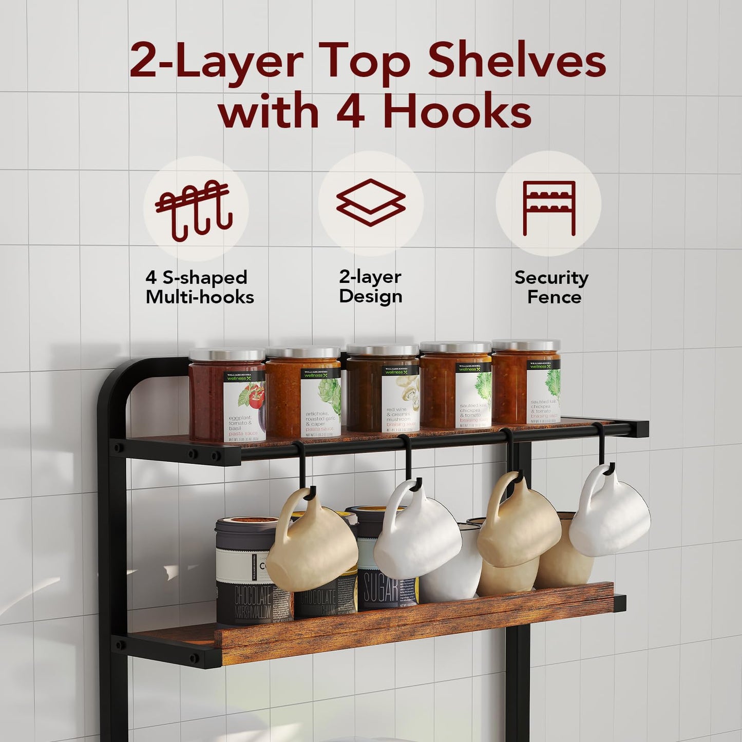 Homsorout Coffee Bar Station - Bakers Rack with Fabric Drawer, Microwave Oven Storage Stand, Bakers Rack for Coffee Stand Station, Home Kitchen Organizer, Brown