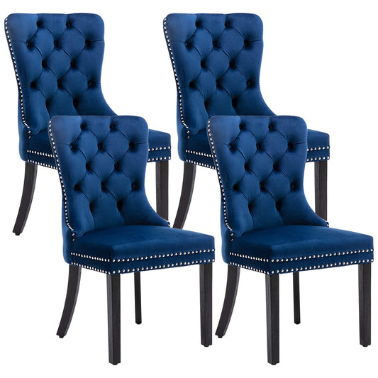 Eifizek Velvet Dining Chairs Set of 4, Tufted Dining Room Chairs with Nailhead Ring Pull Trim, Upholstered Dining Chairs with Solid Wood Legs for Kitchen Dining Room, Sillas De Comedor (Blue)