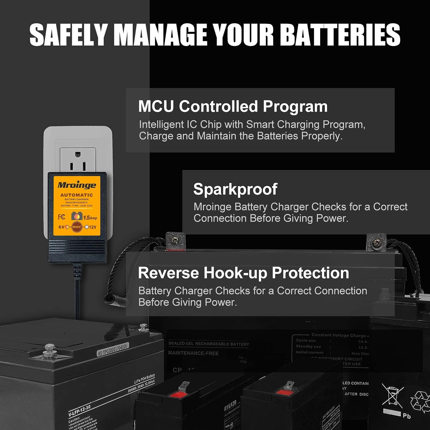 MBC015, 6V / 12V 1.5A Fully Automatic Trickle Battery Charger/Maintainer for Automotive Vehicle Motorcycle Lawn Mower ATV RV Powersport Boat, Sealed Deep-Cycle AGM Gel Cell Lead Acid Batteries