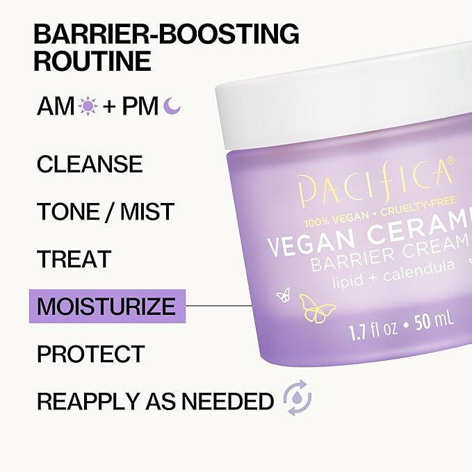 Pacifica Face Cream - Vegan Ceramide Barrier Cream w/Niacinamide & Shea Butter - Hydrating Daily Face Moisturizer Fragrance Free for Sensitive Skin, Vegan, Clean Beauty Allergy & Dermatologist Tested