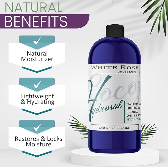 Dr Joe Lab White Rose Water Hydrosol - Pure Natural Distilled Bulgarian Rosewater Non-GMO Vegan Hydrating Toning Spray Mist Face Hair Skin Pores Locs Dreads - Packaging May Vary (32 oz)