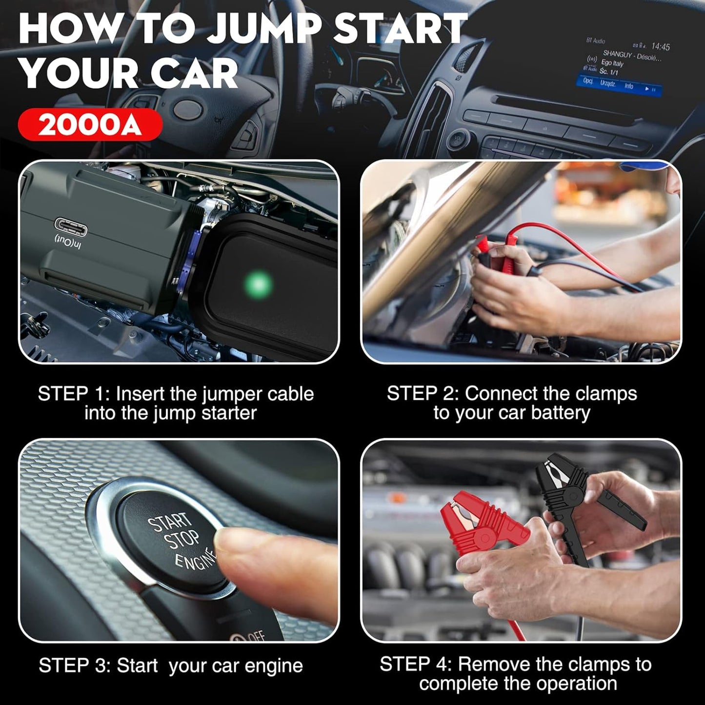 NEXPOW 2000A Peak Car Battery Jump Starter with USB Quick Charge 3.0 (Up to 7.0L Gas or 6.5L Diesel Engine), 12V Portable Battery Starter, Battery Booster with Built-in LED Light
