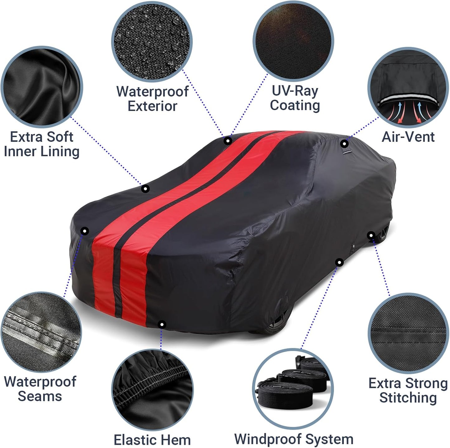 iCarCover Custom Car Cover for Chevy Caprice Sedan (1991-1996) Waterproof All Weather Rain Snow UV Sun Protector Full Exterior Indoor Outdoor Car Cover (Stripe - Black/Red)