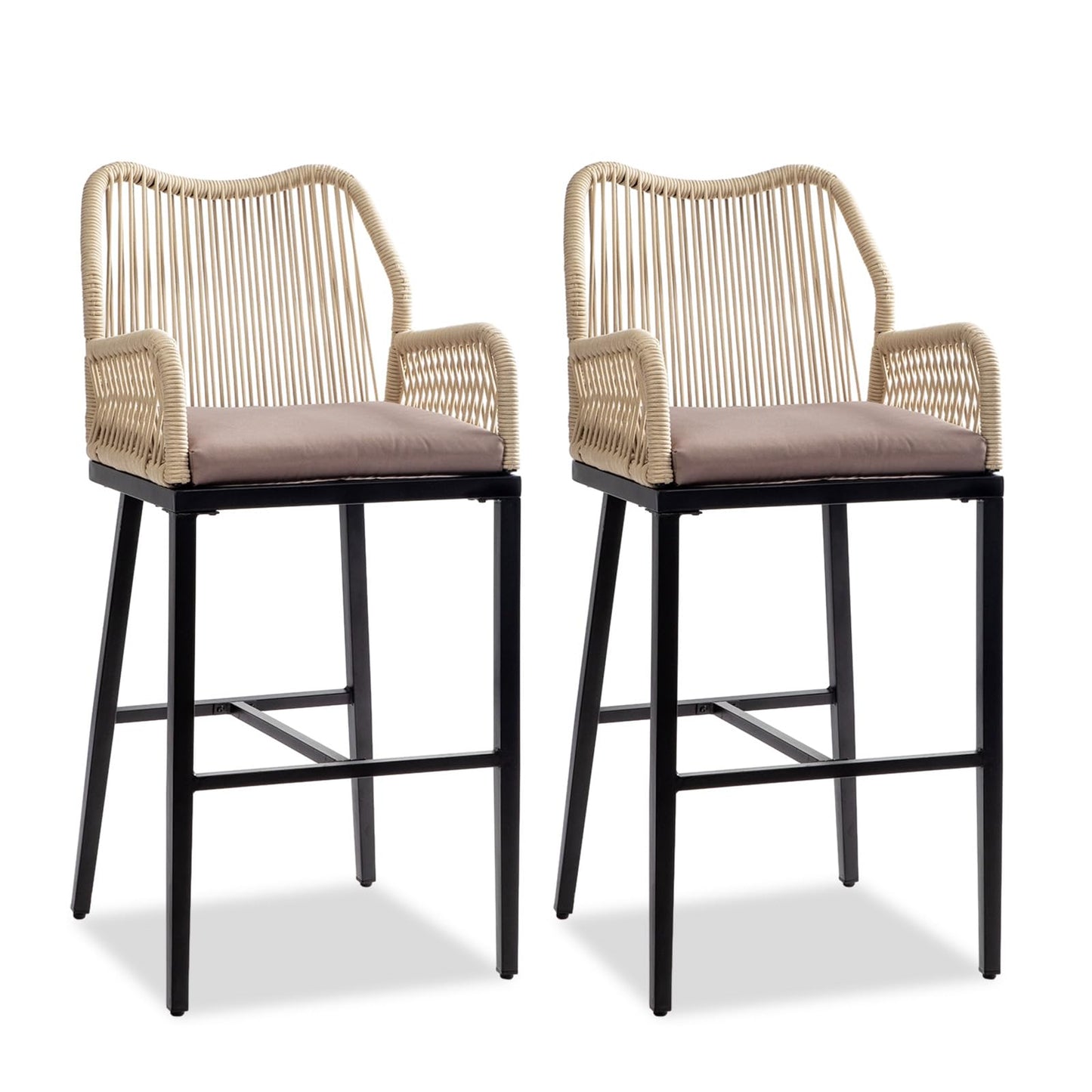 VINGLI Outdoor Bar Stools Set of 2, Heavy-Duty Outdoor Barstools Boho Woven Patio Bar Stools with Backrest, Patio Garden Balcony Pool Bar Chairs with Cushions (Apricot)