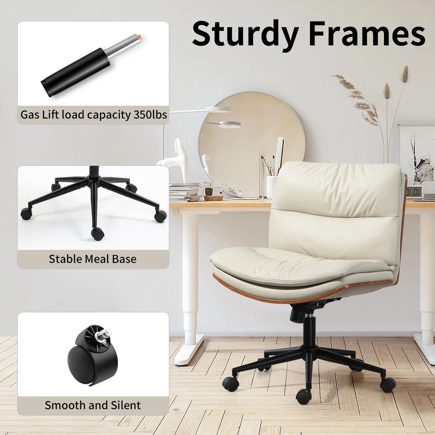 LONWIK Armless Modern Walnut Office Desk Chair with Wheels, PU Leather Adjustable Wide Swivel Task Chair, Ergonomic Cross Legged Computer Chair for Conference Room, Home Office (Beige)