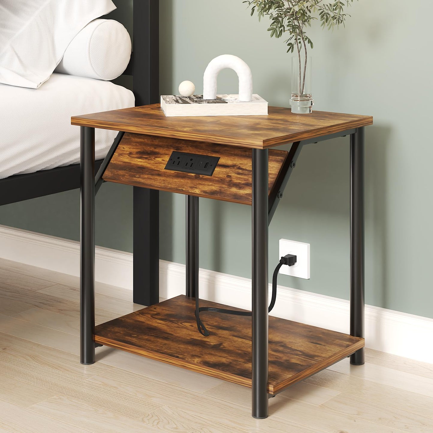 Nightstands Set of 2, Small End Tables with Charging Station, Modern Night Stands, Narrow Side Tables for Small Space, Bedside Tables with 2-Tier Storage Shelf for Living Room, Bedroom, Rustic Brown