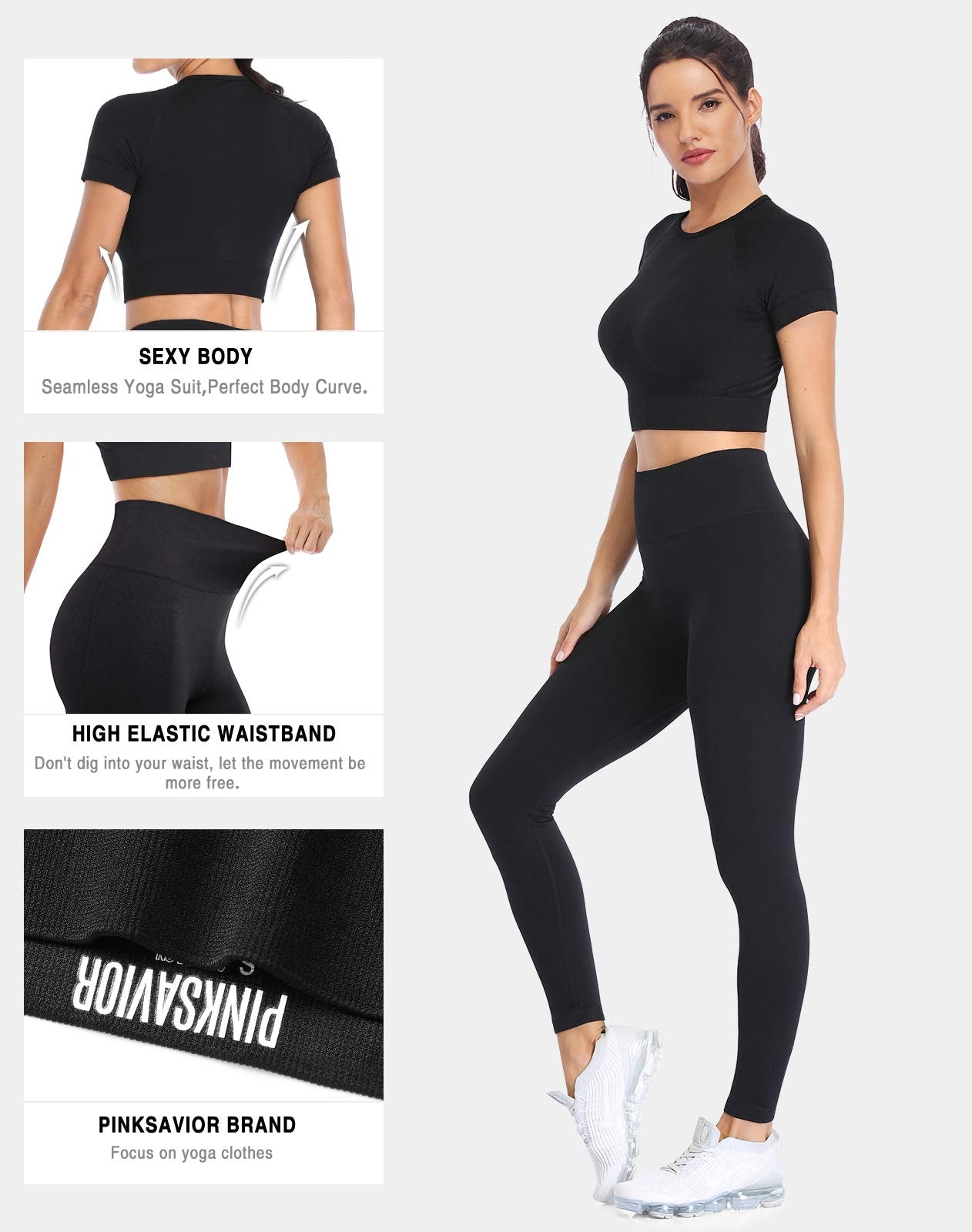 PINKSAVIOR Workout Sets for Women Two Piece Outfits Seamless High Waist Leggings Yoga Crop Tops Athletic Sports Gym Sets(P005L-Black