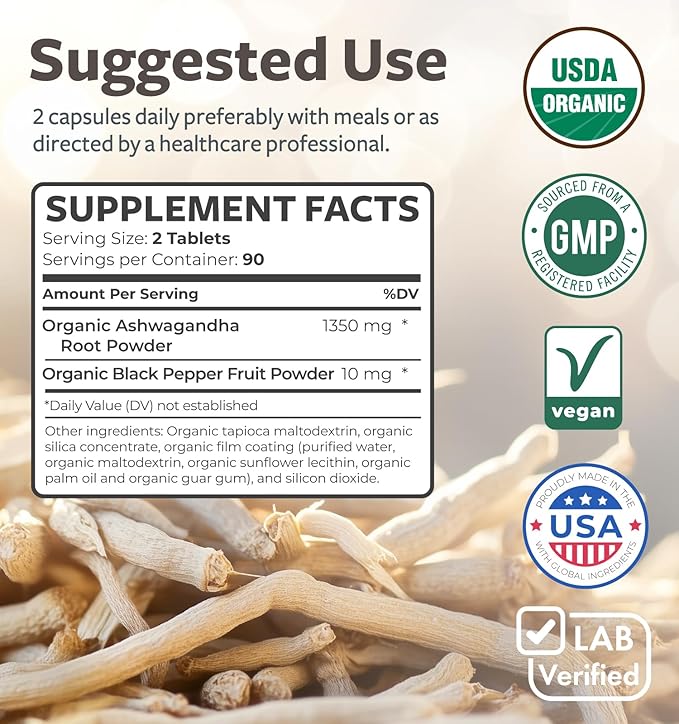 USDA Organic Ashwagandha (180 Vegetarian Tablets) 1350mg Ashwaganda Root Powder Per Serve with Black Pepper - Natural Adrenal Support, Cortisol & Thyroid Support, Immune Support (No Pills or Capsules)