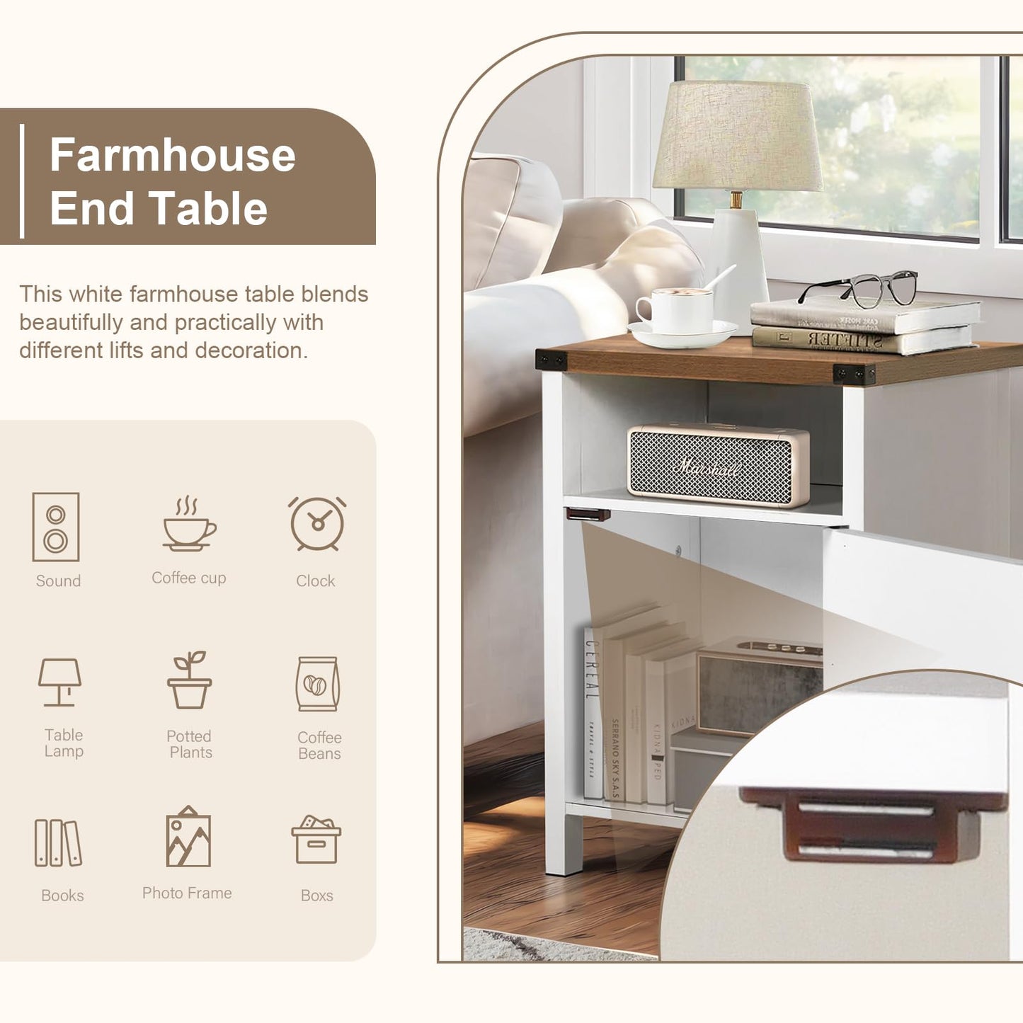 Catrimown Farmhouse End Table, Nightstand Set of 2, Rustic Night Stand with Barn Door and Storage Shelf, White End Table, Side Table for Bedroom Living Room, White