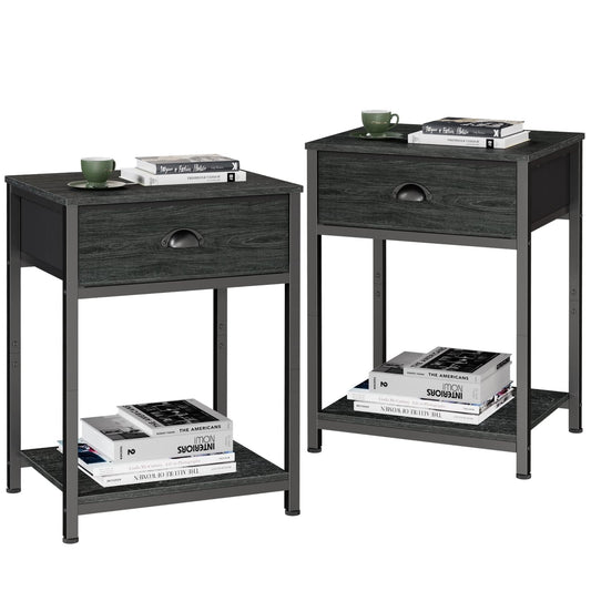 Furologee Nightstands Set of 2, Industrial End Table with Fabric Drawer&Storage Shelf, Small Bedside Table Organizer for Small Space for Living Room, Tall 23.6" Night Stand for Bedroom, Black Oak
