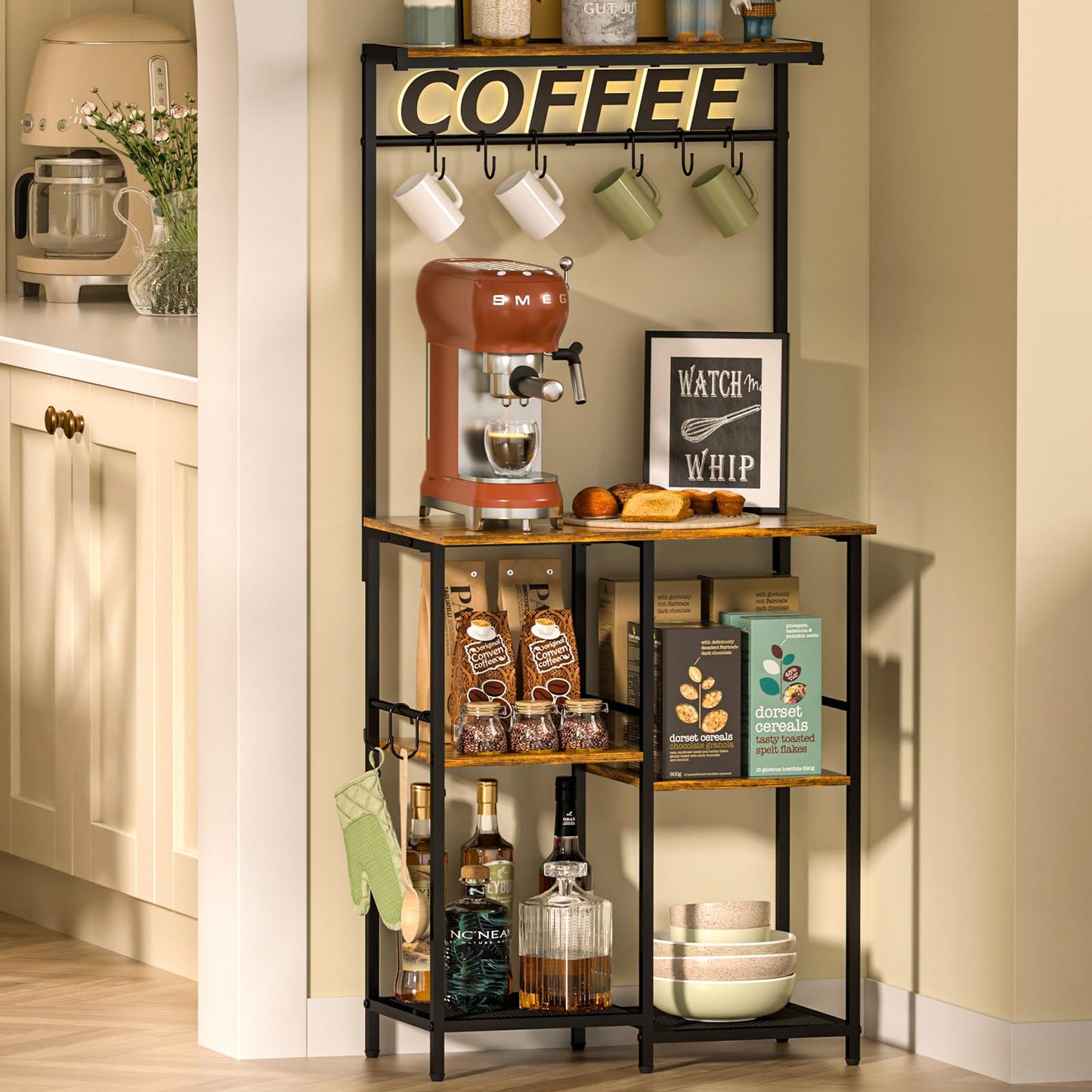 Honkazita Kitchen Buffets Sideboards 23.6 Inch Length With 6 Tiers Zoned Storage Design Coffee Bar Station Microwave Stand Kitchen Rack Bakers Rack