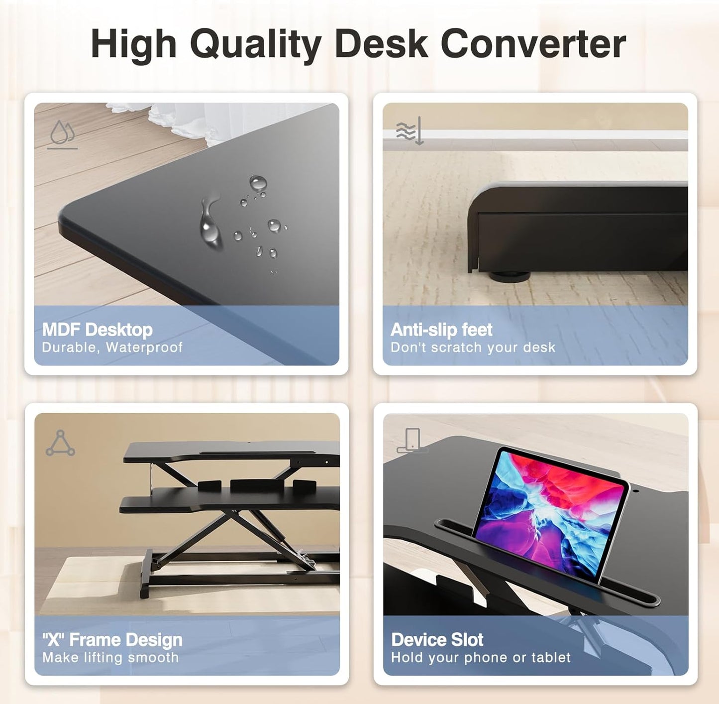 Standing Desk Converter 32 inch, Height Adjustable Sit Stand Desk Riser, Quick Sit to Stand Tabletop Dual Monitor Riser Workstation for Home Office with Keyboard Tray, Black
