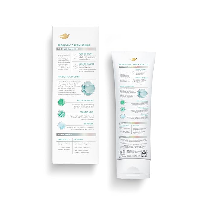 Dove Body Cream Serum Prebiotic + Protection for Dry, Sensitive Skin, with Pro-Vitamin B5, Stearic Acid and Peptides Lotion, 8 oz